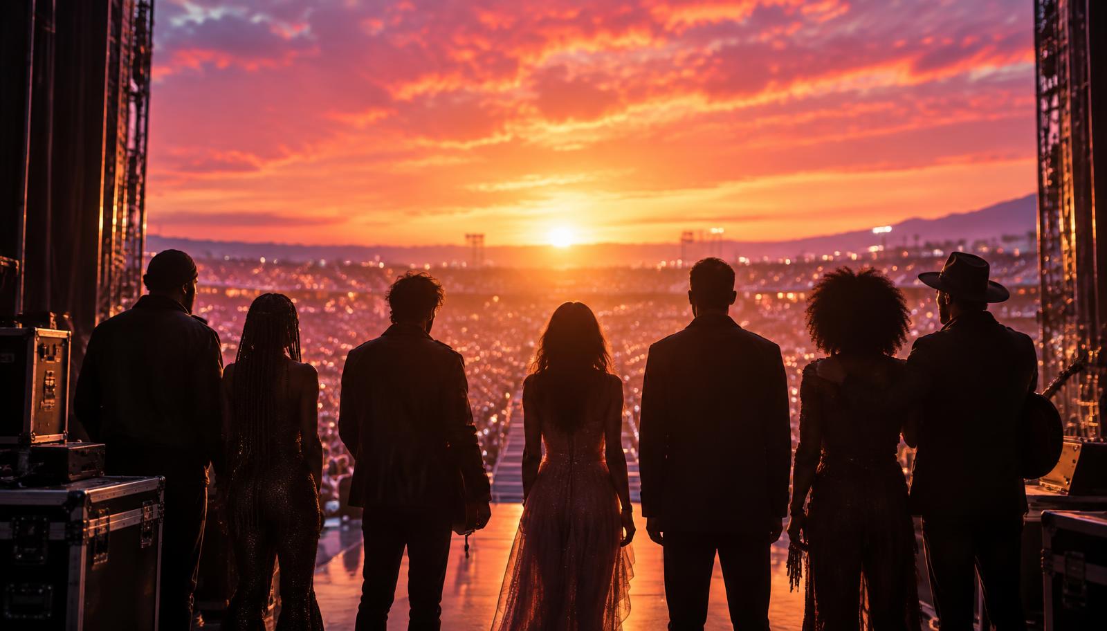 Des artistes réunis face à un stade au coucher du soleil
