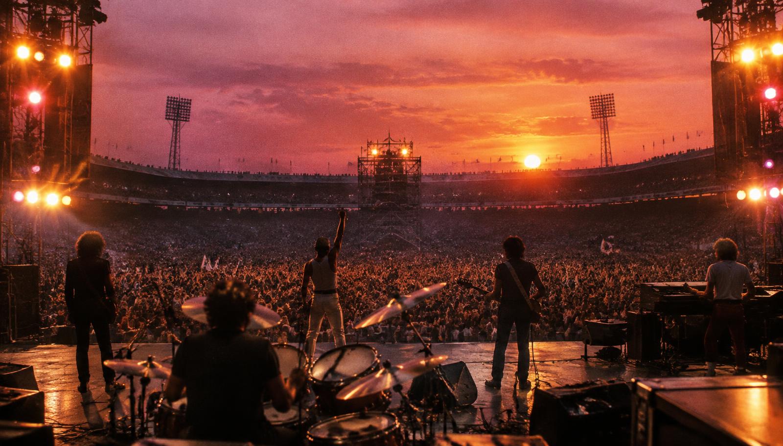 Un concert caritatif mondial dans un stade au coucher du soleil